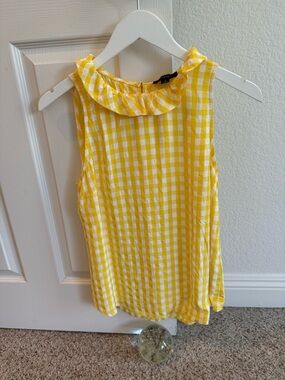 J. Crew Yellow and White Gingham Ruffle Neck Sleeveless Top - Size Small - EUC!